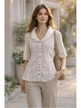 Crisca Blouse Women’s L Ruffle Pinstripe Button Romantic Cottagecore White Gray